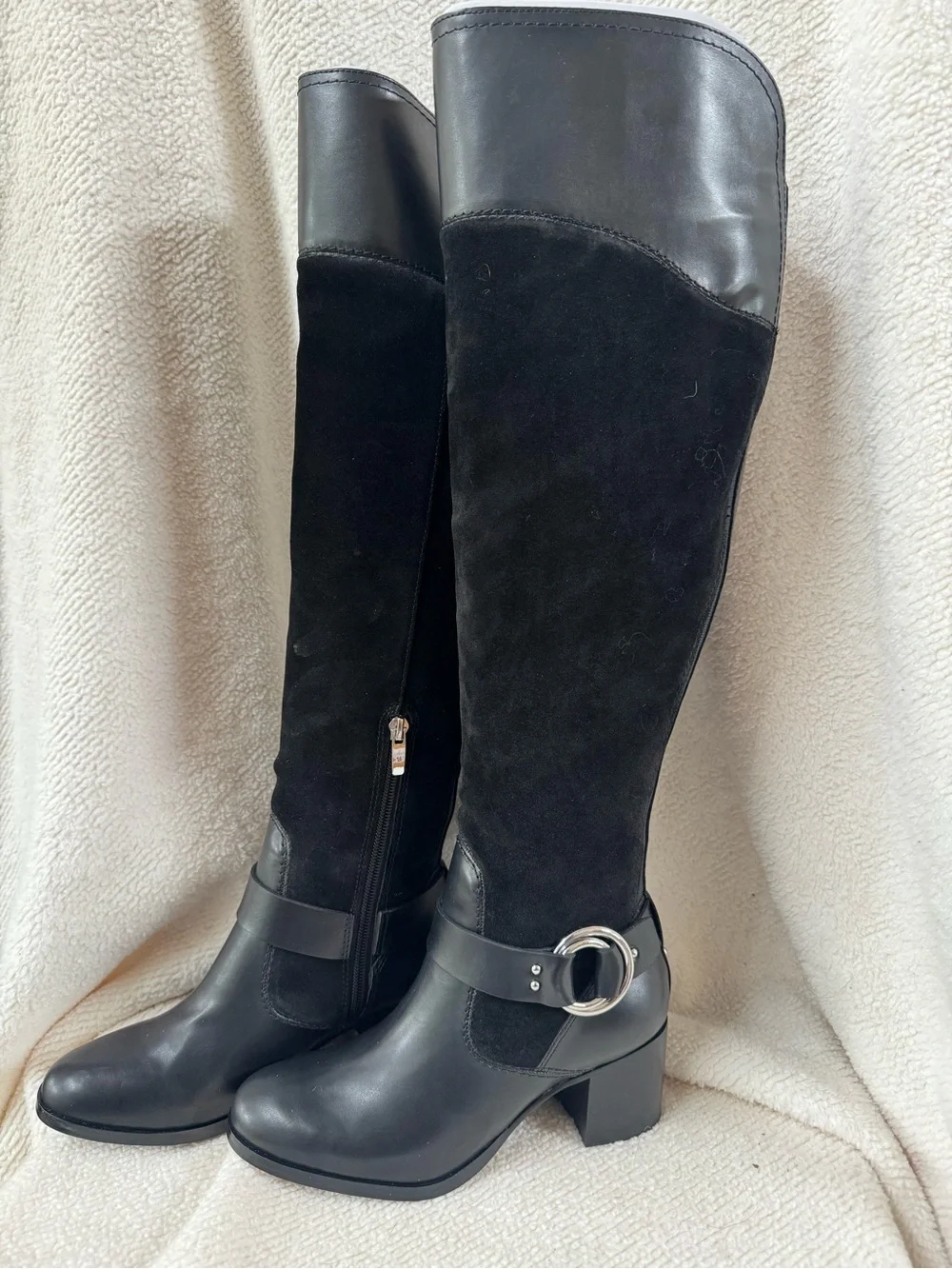 Marc Fisher Editer Black Leather Suede Tall Knee Boots buckle detail 6W